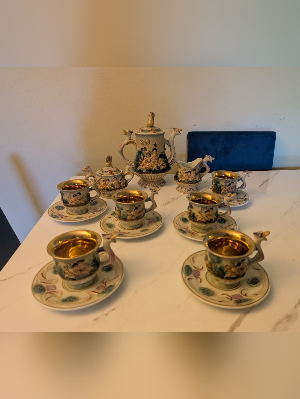 Rare 15-Pc R. Capodimonte Italy Tea Service - Mythical Dragon & Lion Relief